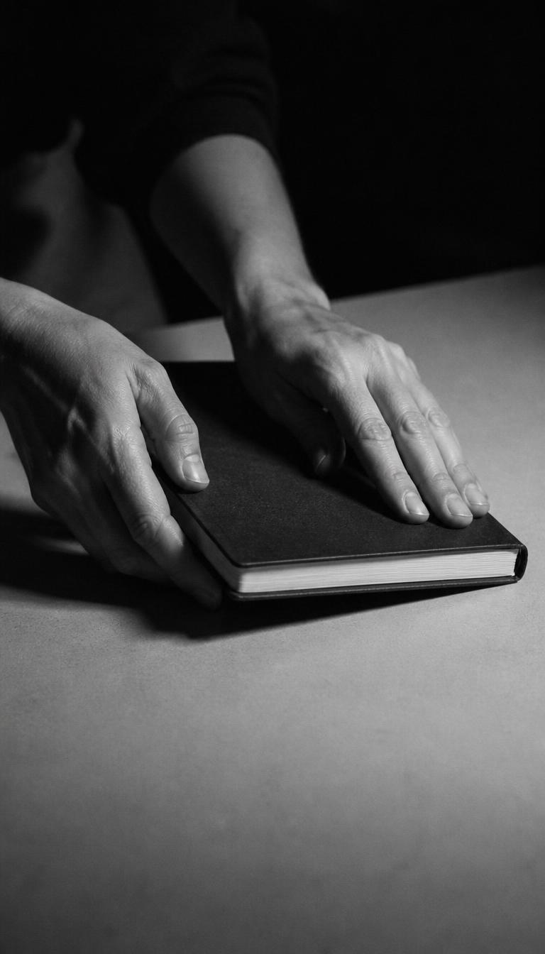 Black and white story visual of hands closing a notebook on a plain table under hard side light