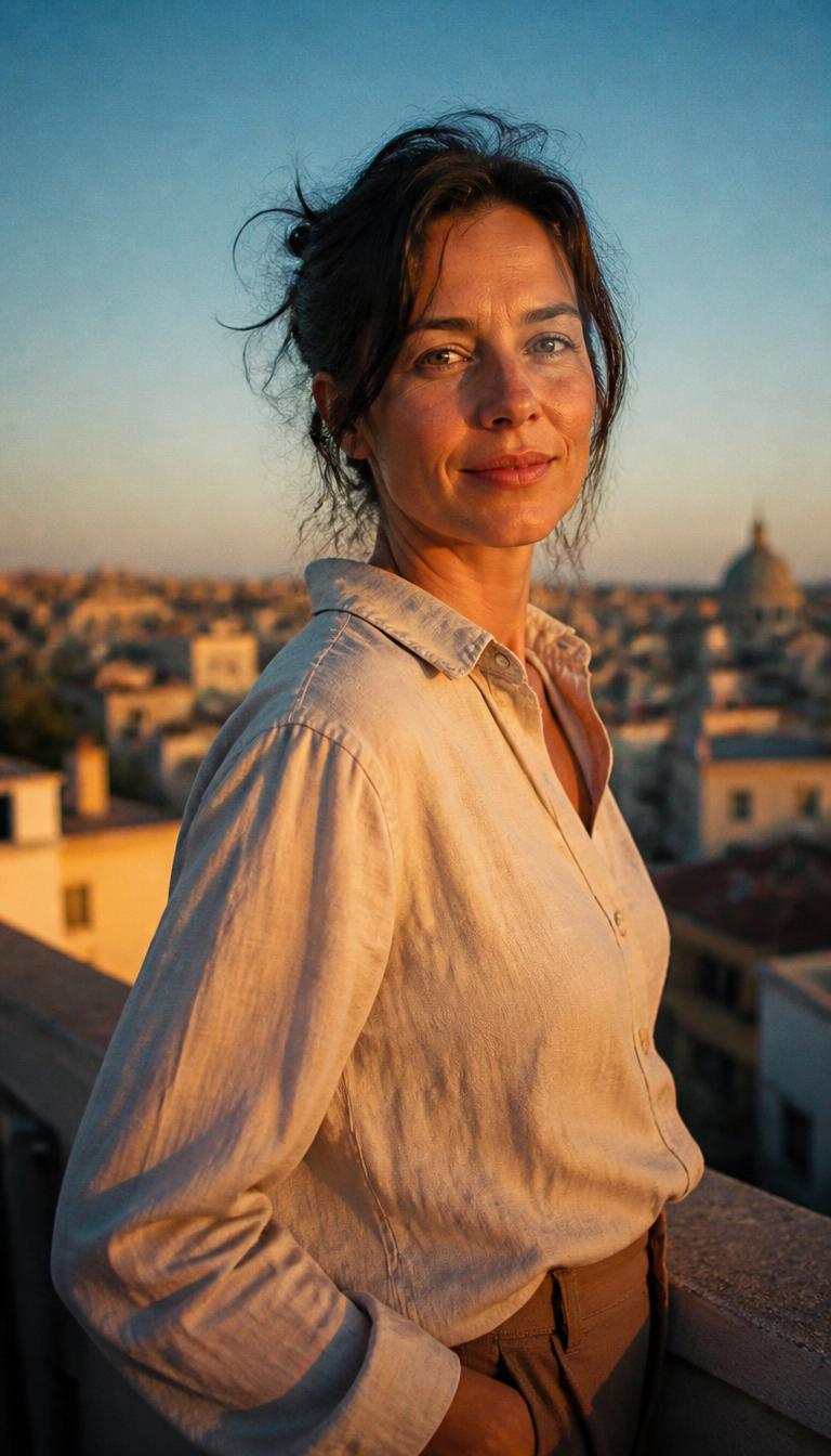 Full color sample post image of a woman on a rooftop at golden hour