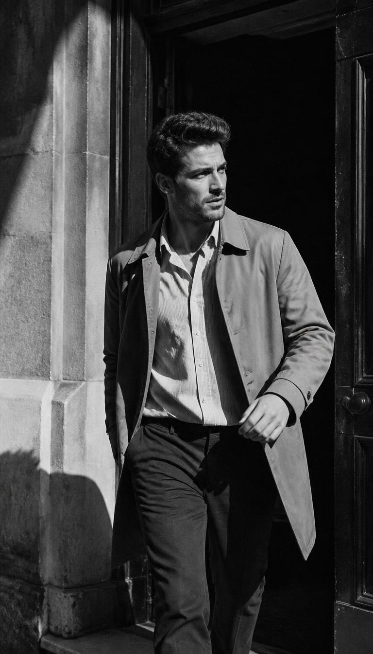 Black and white sample post image of a man stepping into morning light