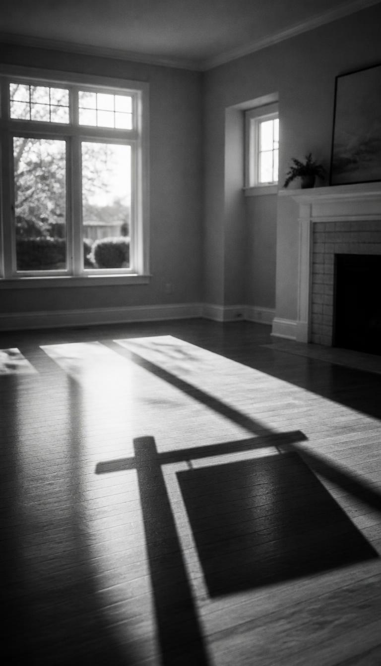 Black and white story visual of an empty sunlit living room with a for sale sign shadow on the floor